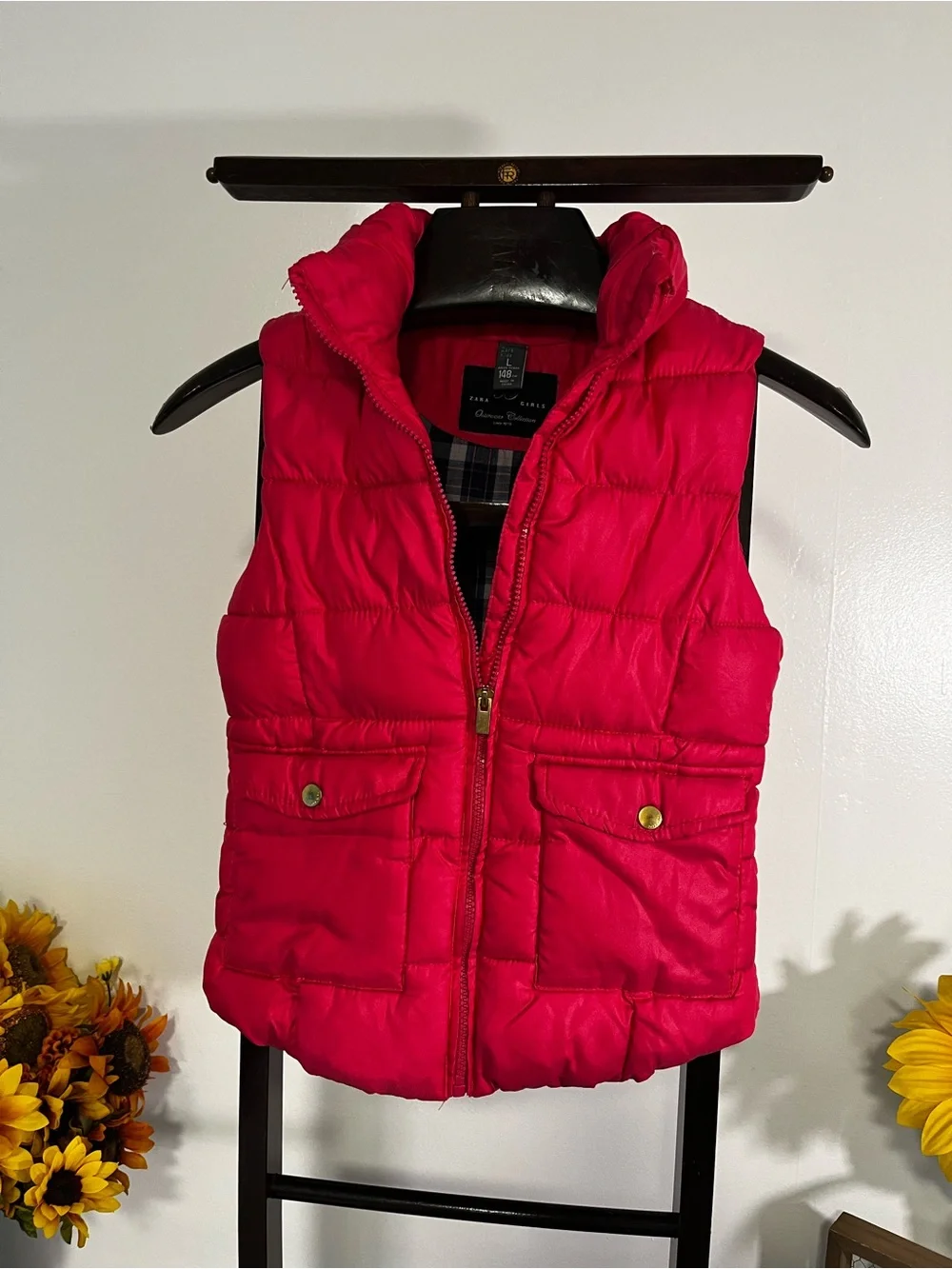 Zara Girls Hot Pink Hooded Puffer Vest Size Large Quilted Zip Front